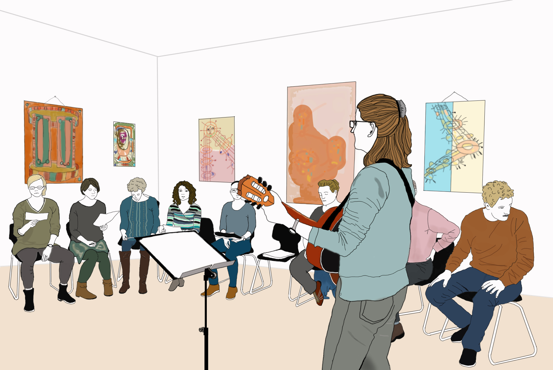 Eine Gruppe von Personen sitzt im Kreis und singt nach Textblättern, im Vordergrund eine Person mit Gitarre.