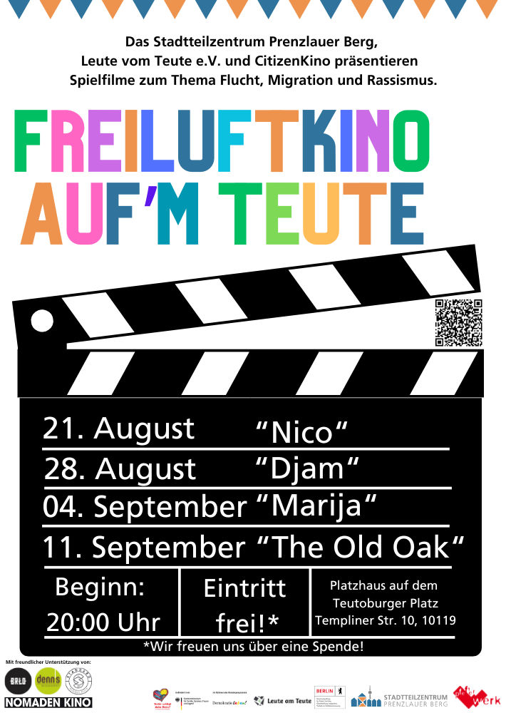 Das Bild zeigt den Flyer zur Veranstaltung. Die Überschrift lautet "Freiluftkino auf dem Teute". Eine Regie-Klappe auf der vier Filme mit Terminen angekündigt werden: 21. August: "Nico". 28. August: "Djam", 04. September: "Marija", 11. September "The old oak".