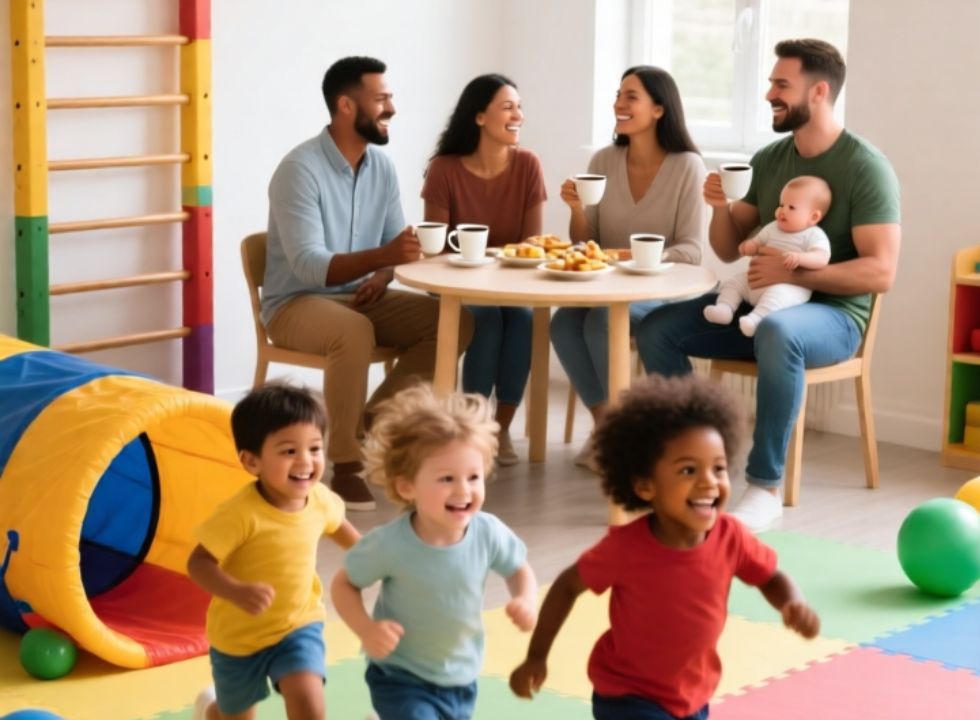 Drei Kinder laufen durch einen mit Matten und Spielzeug ausgelegten Raum. Im Hintergrund sitzen Eltern an einem Tisch, unterhalten sich und trinken Kaffee.