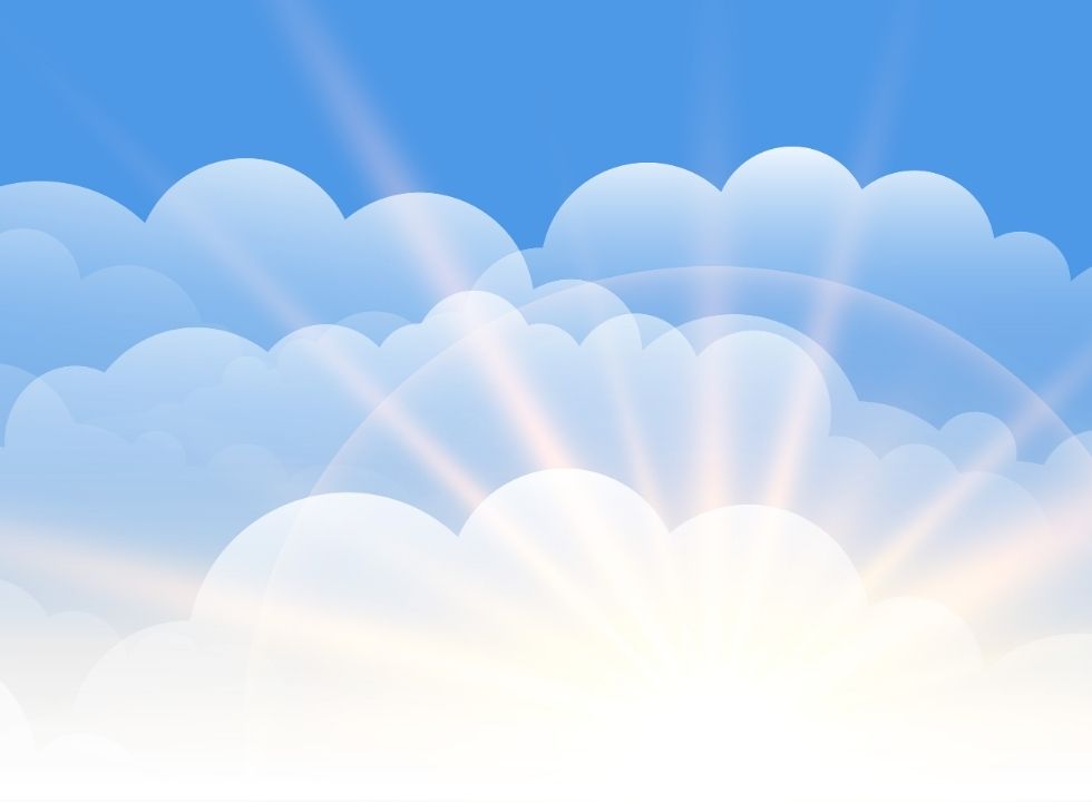 Die Grafik zeigt eine aufgehende Sonne, die zwischen den Wolken hervor bricht.