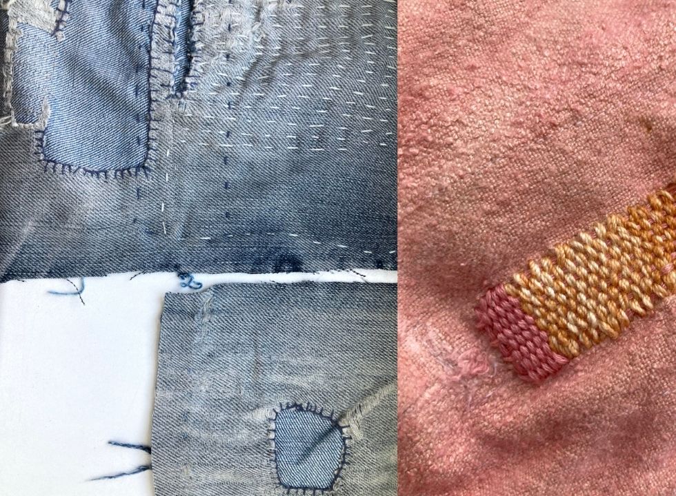 Zwei Fotos nebeneinander, die geflickten toff zeigen: Jeansstoff mit Aufnäher und ein Leinenstoff mit engen aufgestickten Nähten.