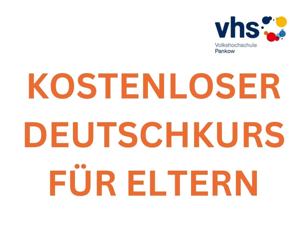 VHS-Pankow-Logo und Überschrift "Kostenloser Deutschkurs für Eltern"