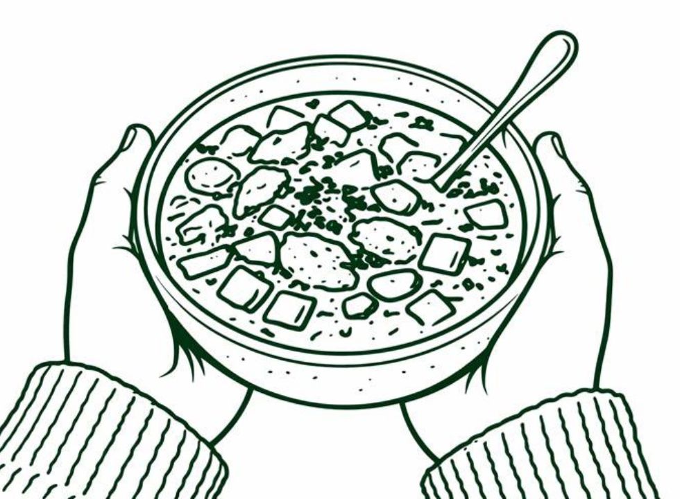 Eine Zeichnung von zwei Händen, die eine Schüssel voller Eintopf halten.